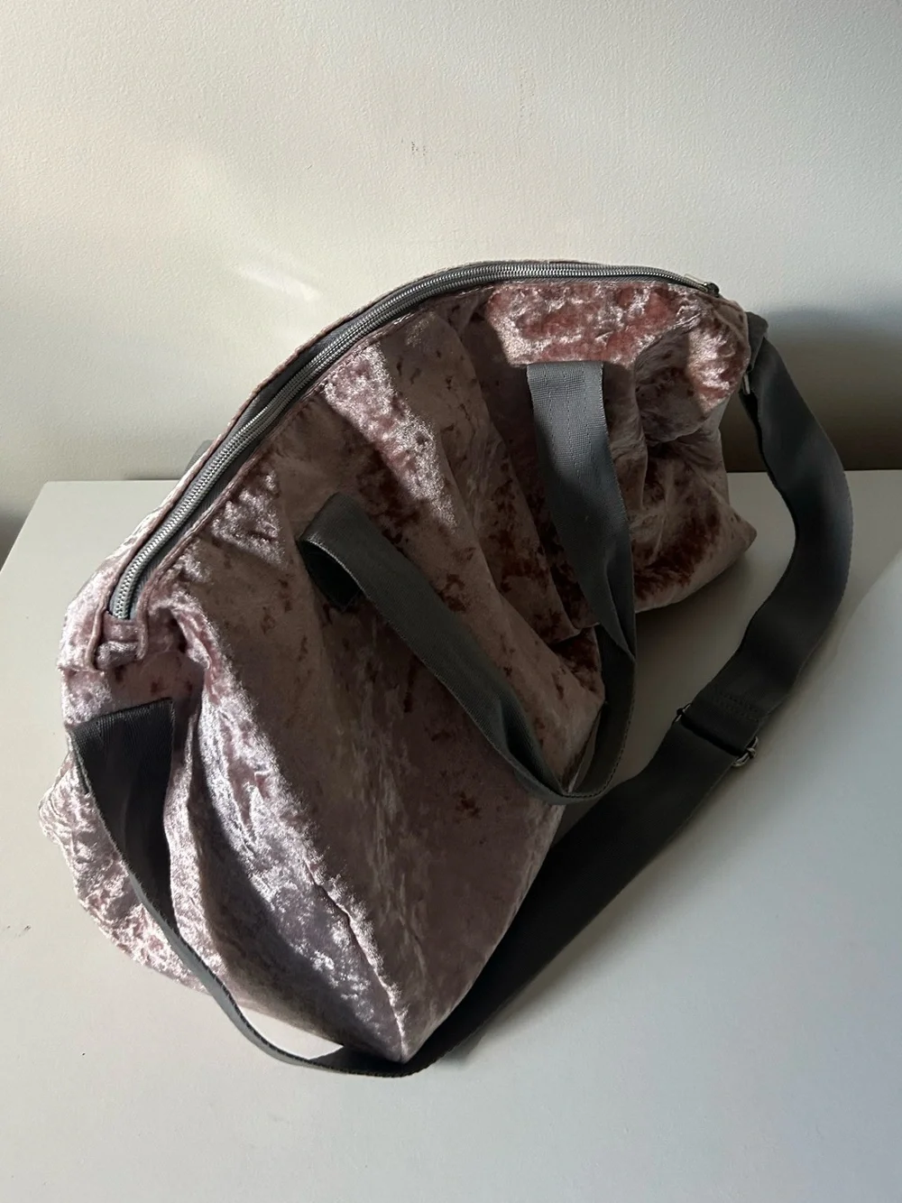 Justice Pink Crush Velvet Tote with Gray Straps